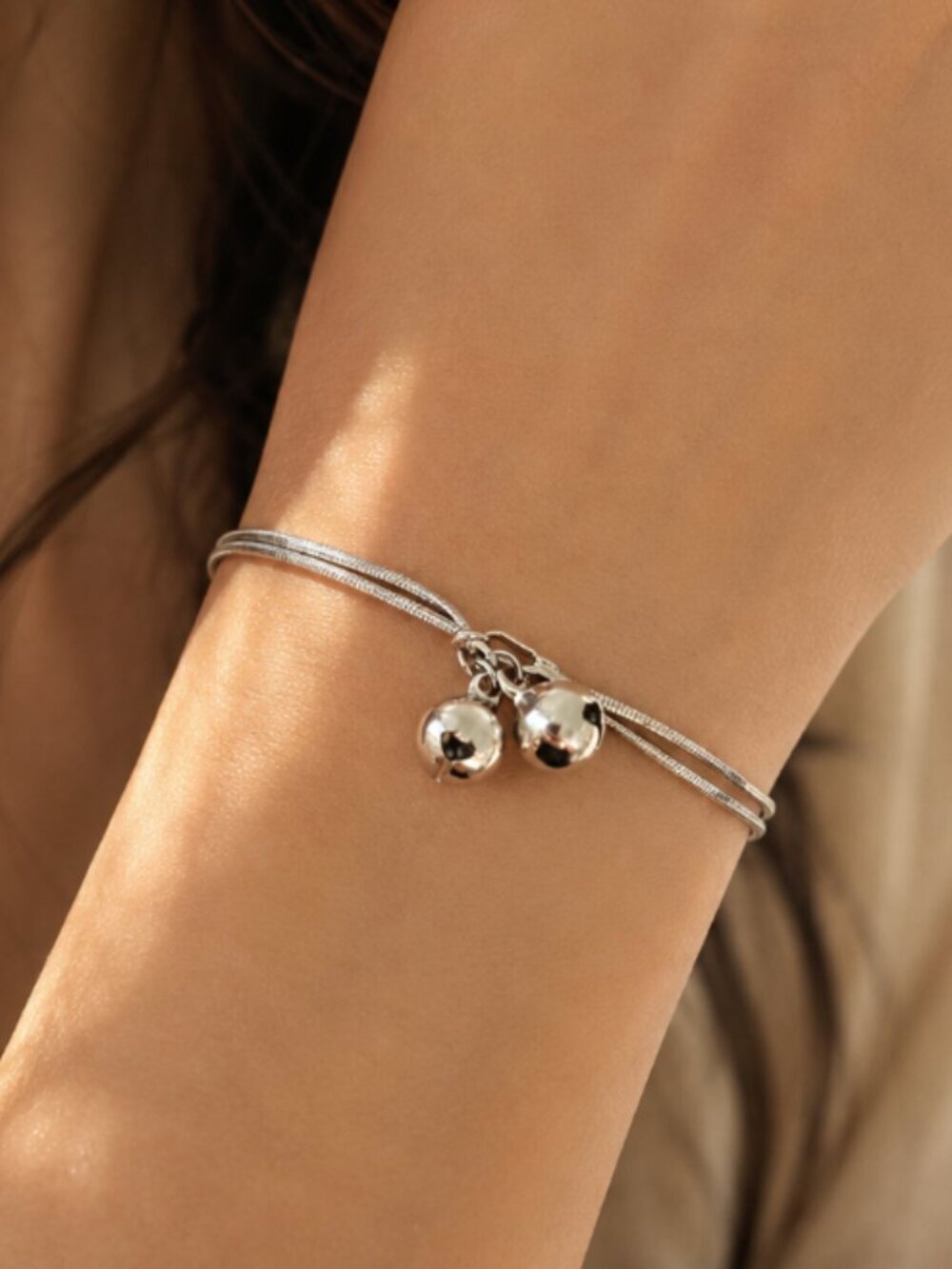 925 Sterling Silver Dangle Ball Bracelet Dainty Bracelet Two Layer Bracelet
